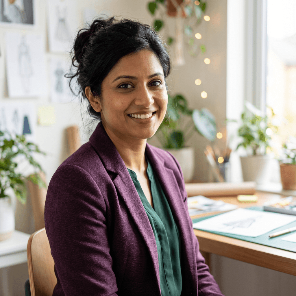 Female interior designer in her late 30s, professional appearance