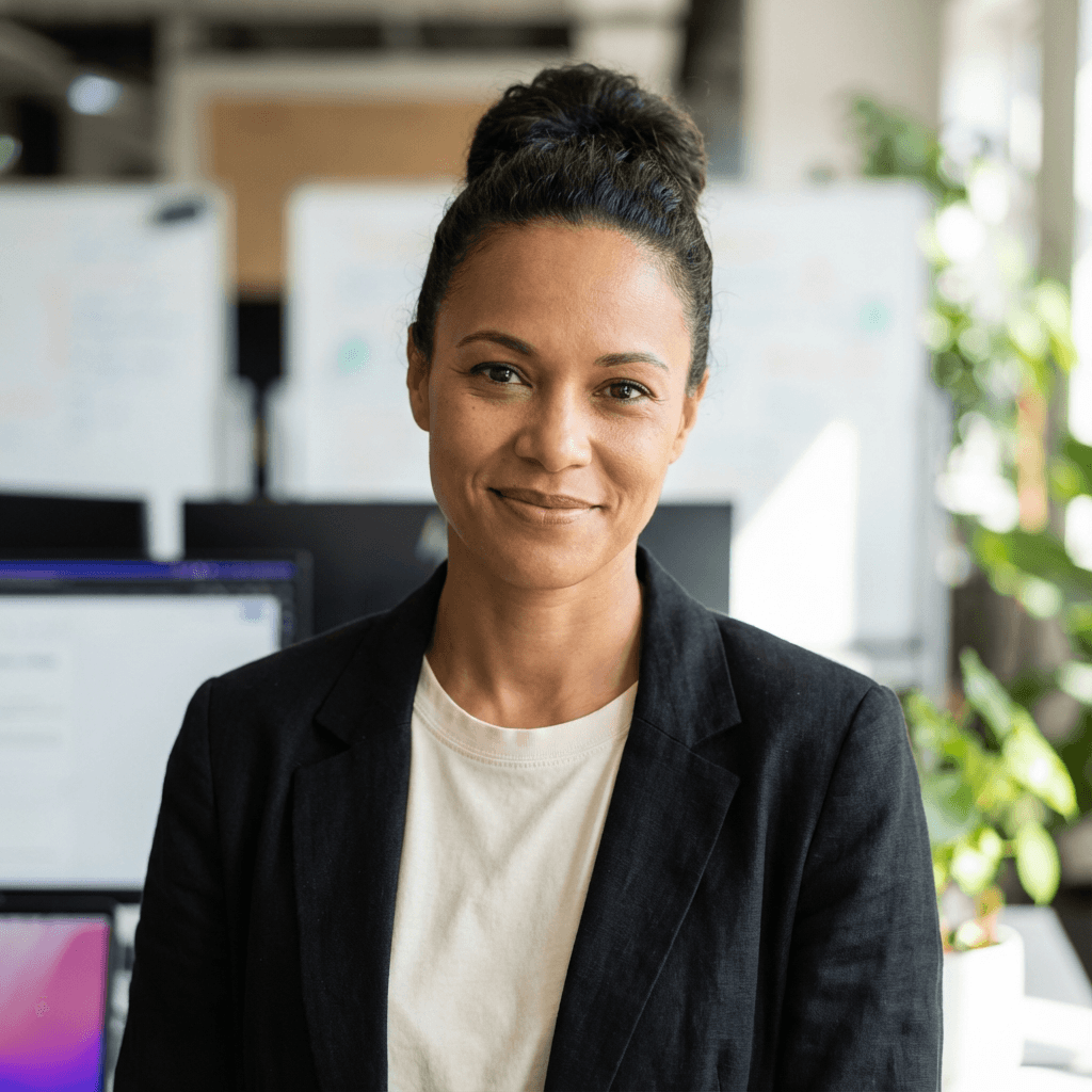 Professional woman in business attire smiling in modern office