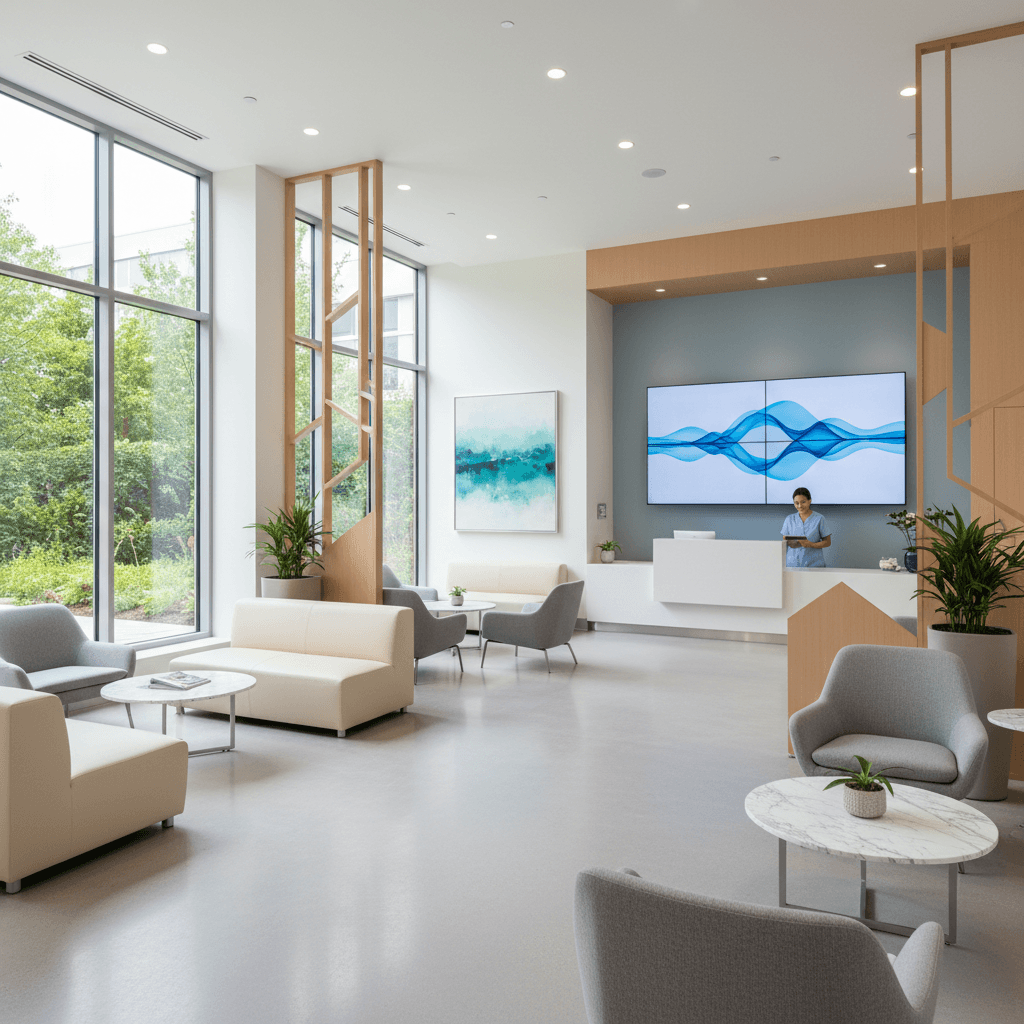 Bright modern medical clinic waiting room with durable seating