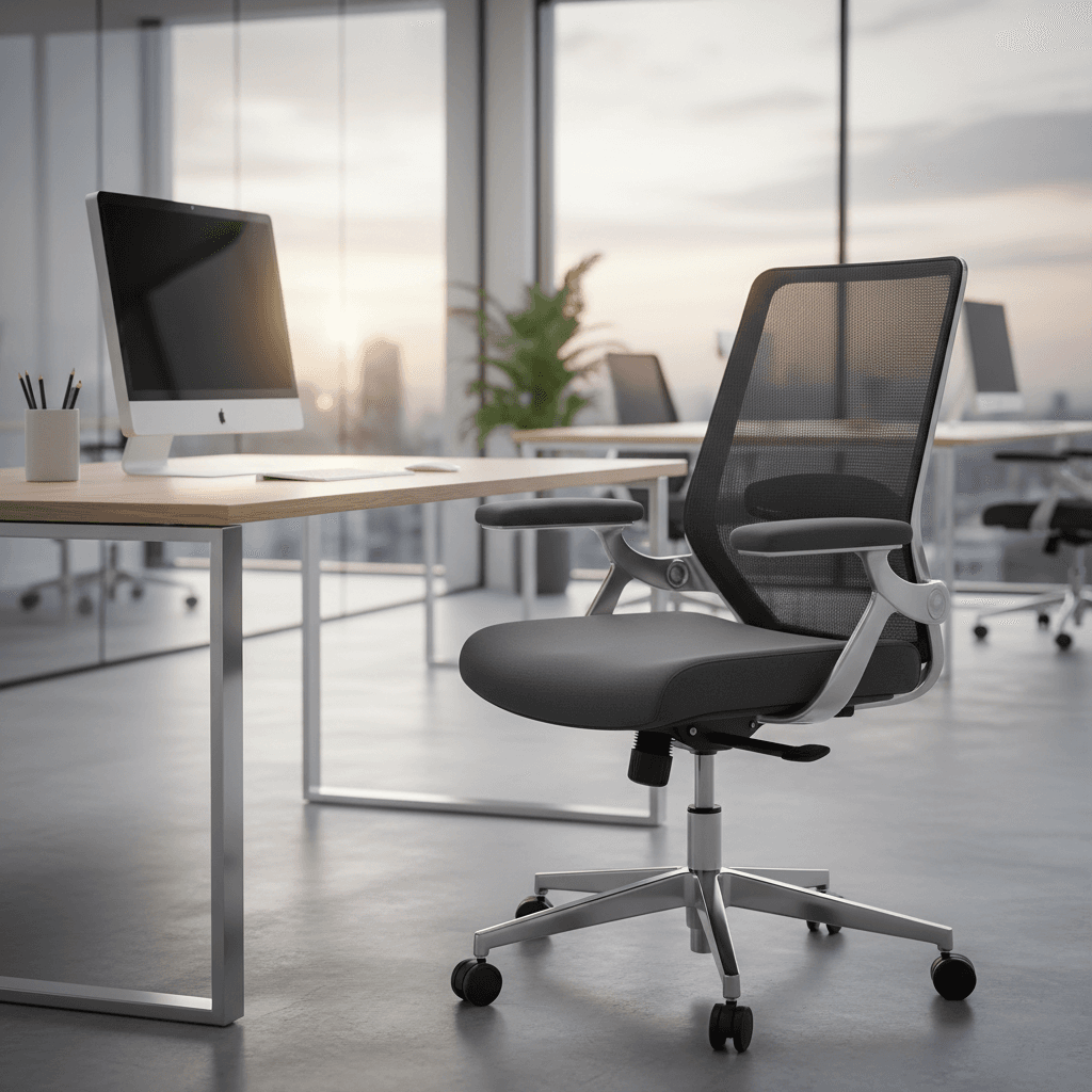 Office chair with adjustable armrests in corporate workspace
