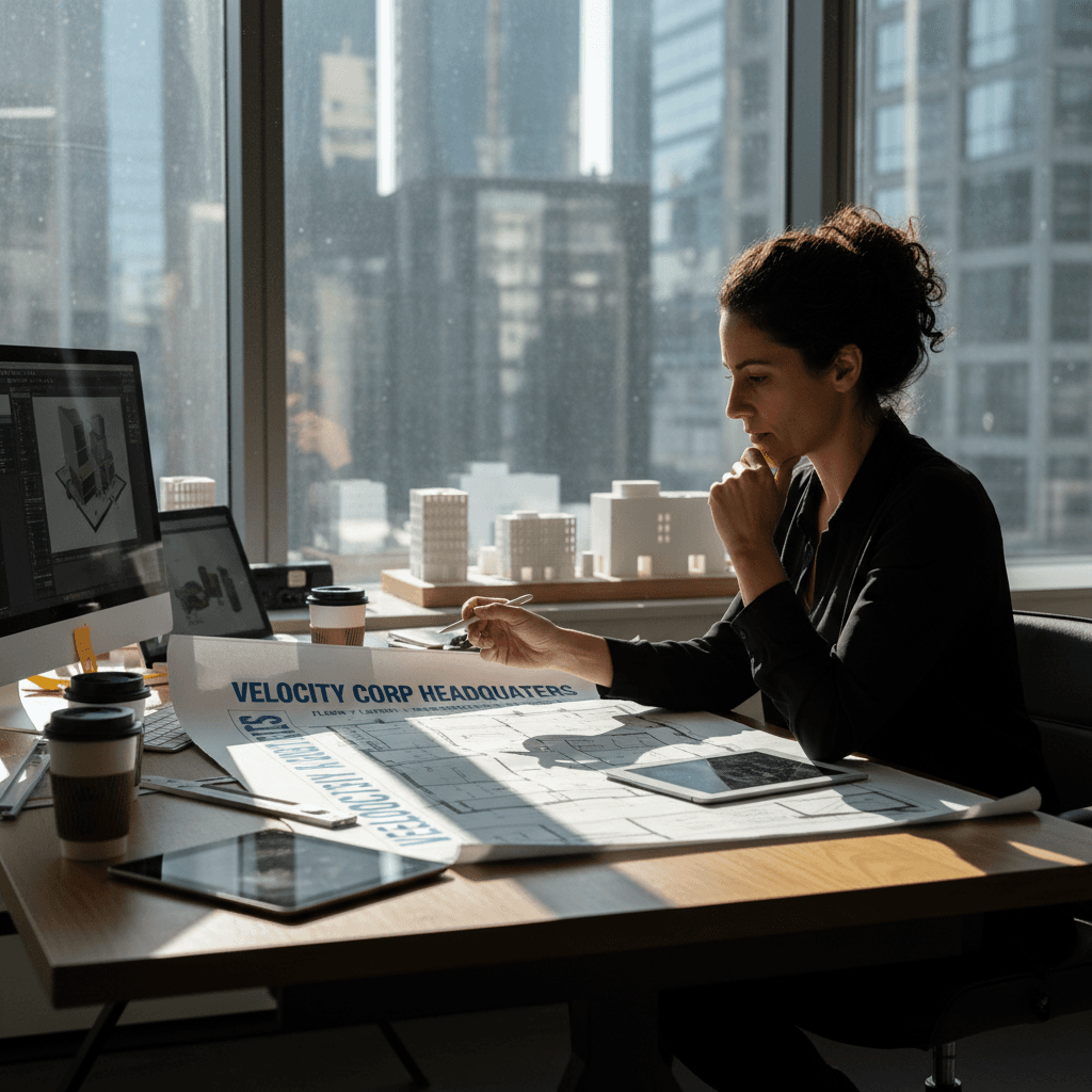 Architect reviewing an office floor plan at a desk