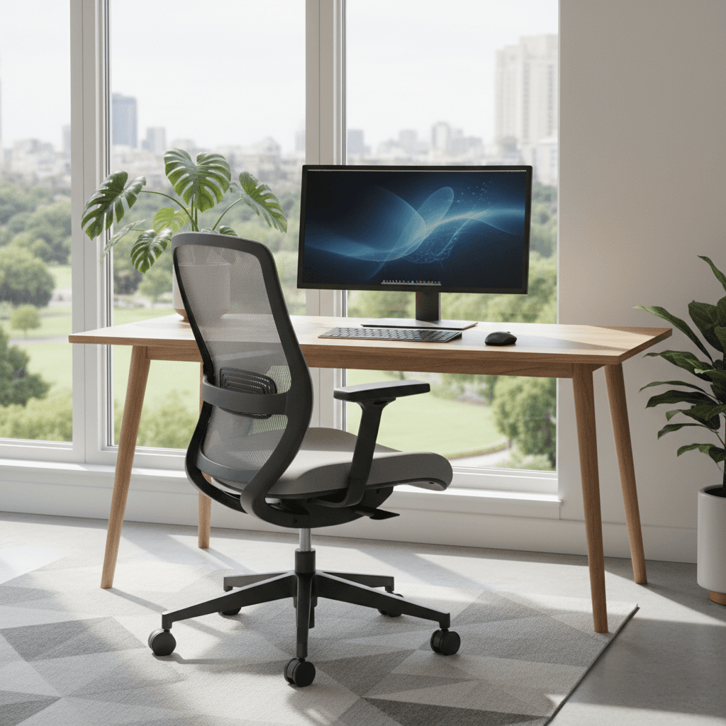 Ergonomic task chair at a clean desk in a bright office
