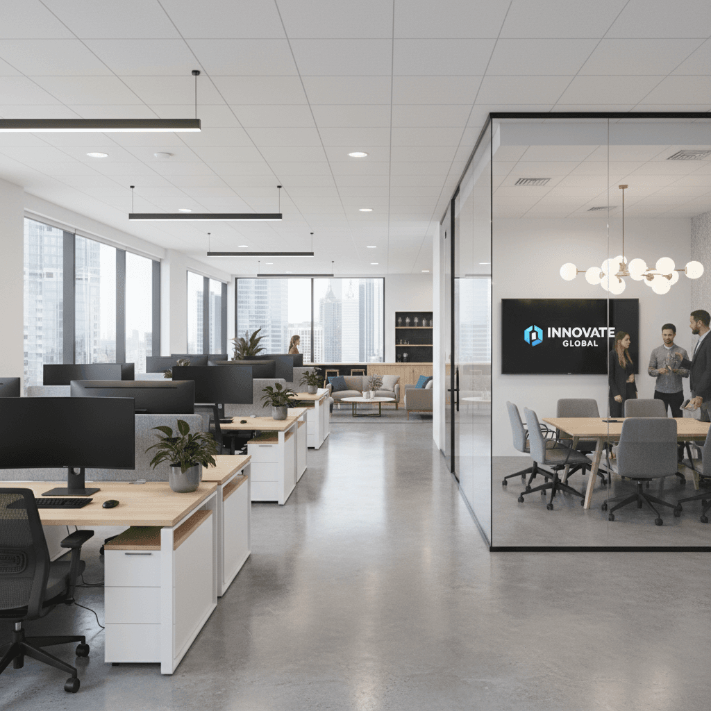 Modern corporate office with workstations and a collaborative meeting space