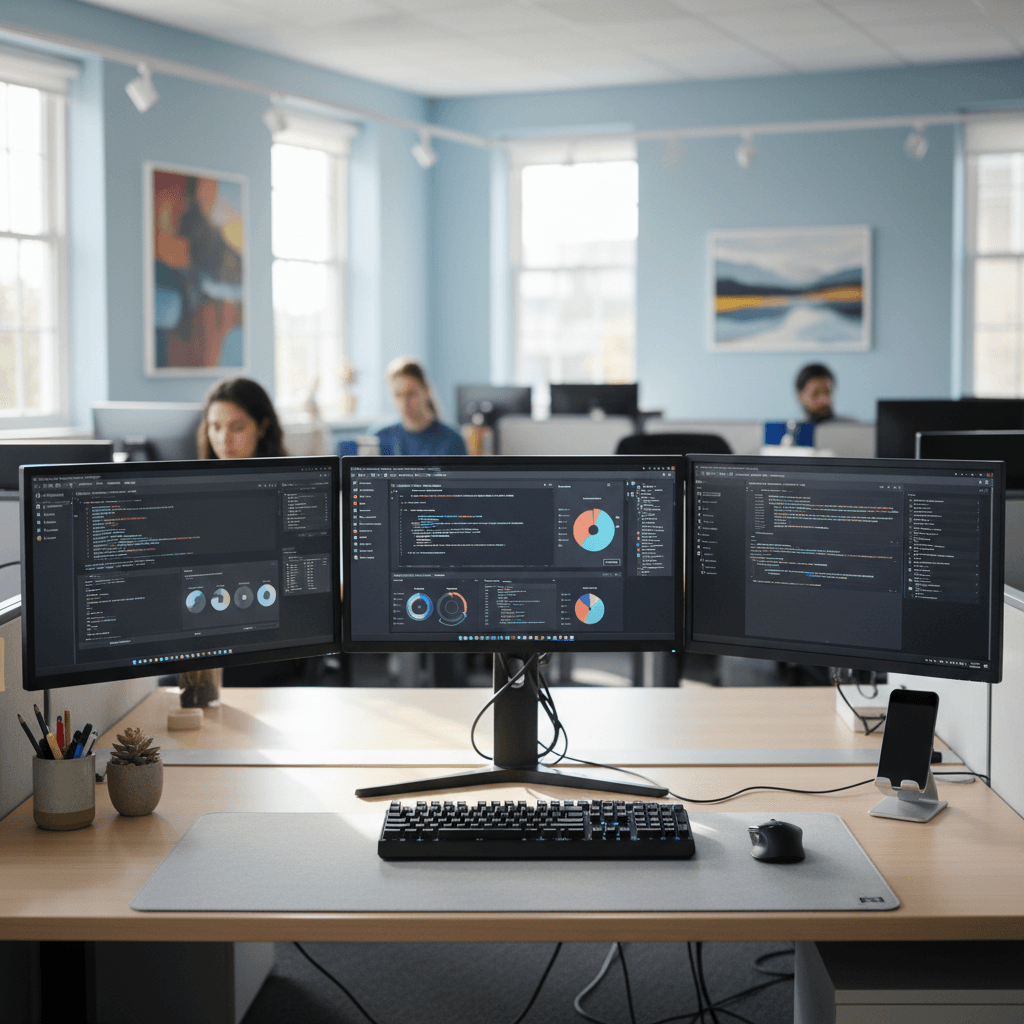 Complete workstation with monitors and keyboard in a bright office