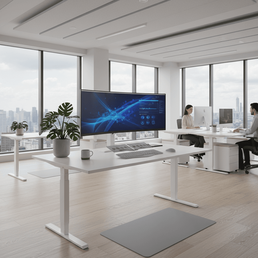 Standing desk with a dual monitor setup in a modern office