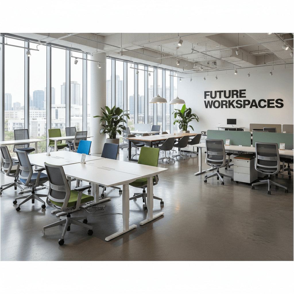 Modern office furniture showroom with chairs and desks