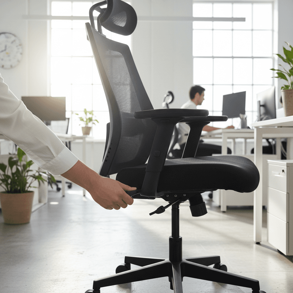 Office chair lever adjusting seat height in bright office