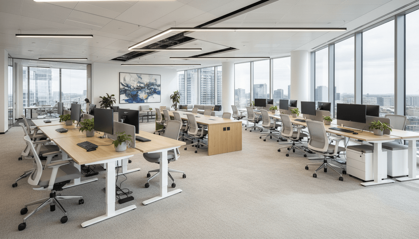 Modern commercial office interior with ergonomic chairs and desks in a bright open workspace