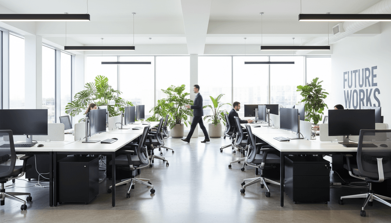 Bright modern office with new desks, chairs, and space planning
