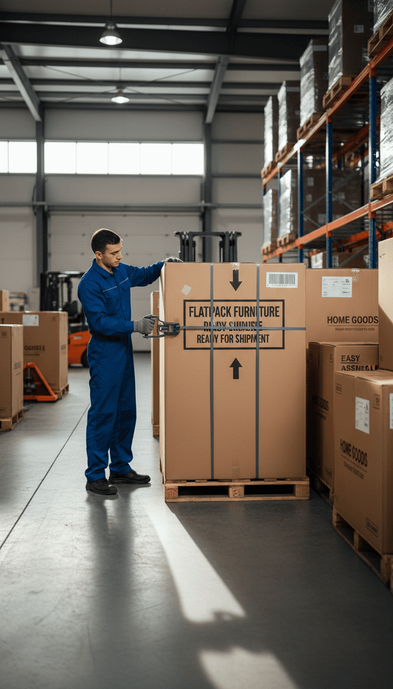 Furniture being prepared for delivery in a warehouse