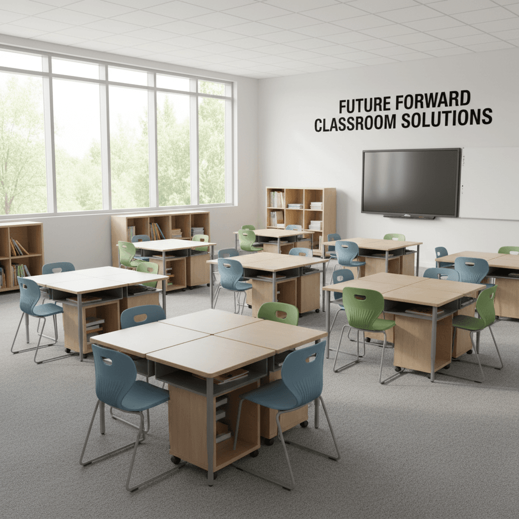 Bright modern classroom with stylish desks and chairs arranged for learning