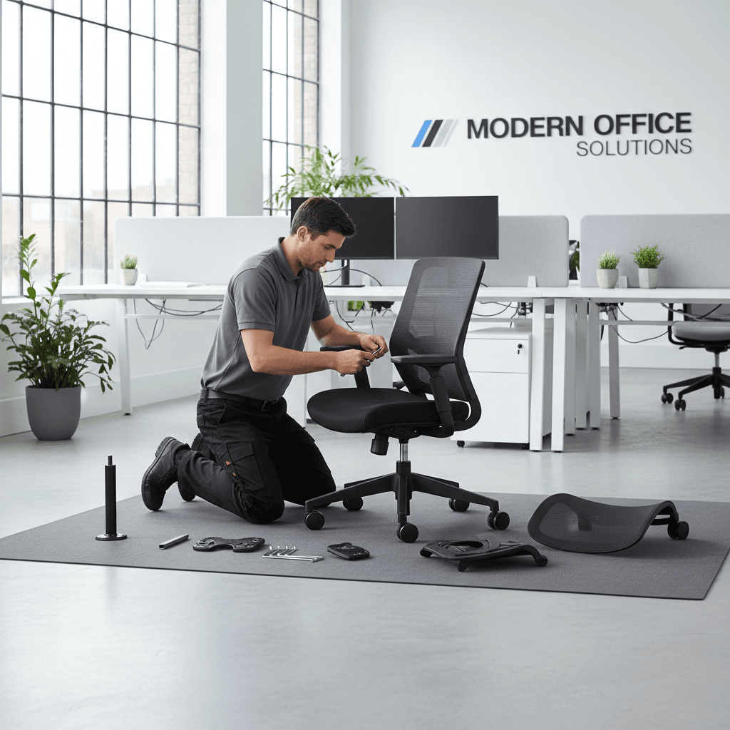 Installer assembling an office chair in a bright workspace