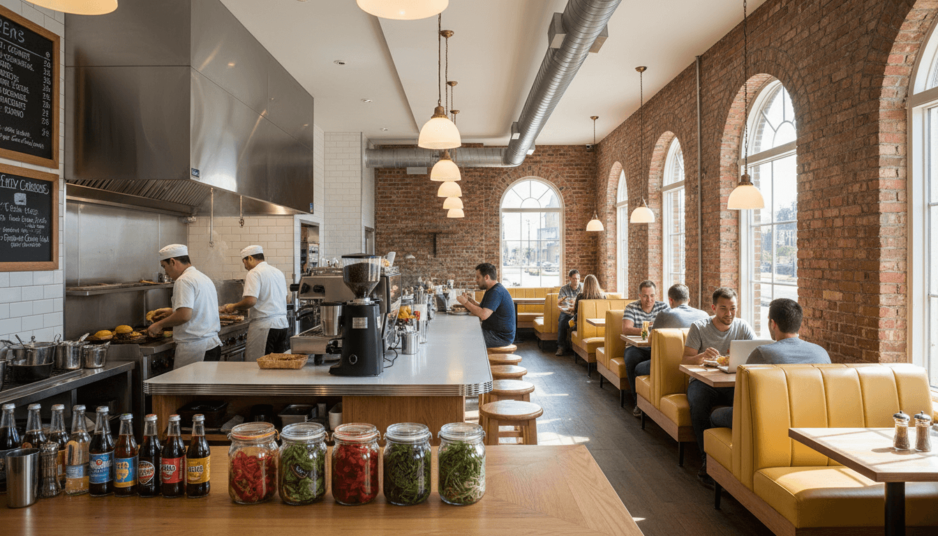 Office break room with modern kitchenette and seating