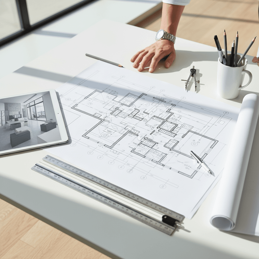 Professional reviewing a furniture layout plan for an open office floor plan