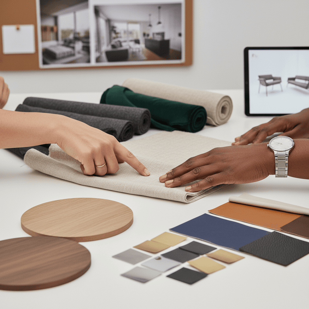 Interior designer selecting fabric swatches and finish samples for an office