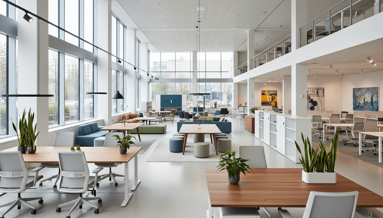 Modern ergonomic office chairs and desks displayed in a bright showroom