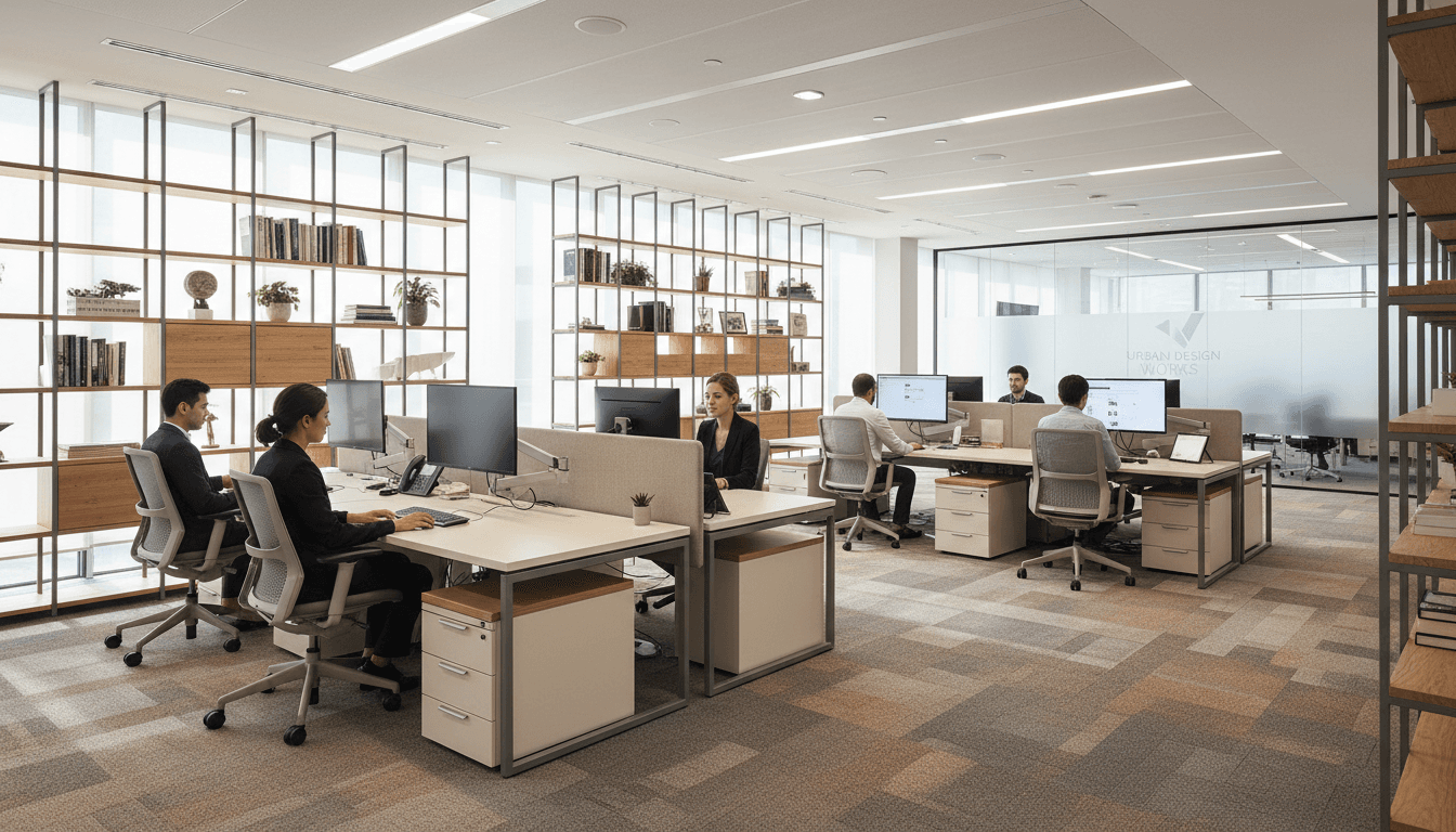 Installation team assembling and placing office furniture in a commercial space