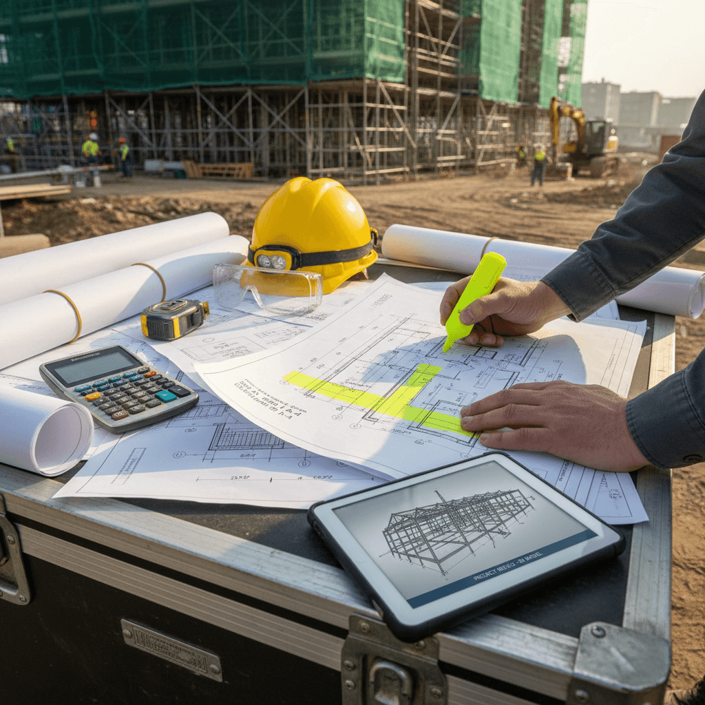 Project manager reviewing a schedule and plans at an office job site