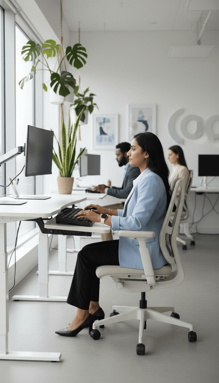 Technician adjusting an ergonomic office chair in a modern workspace