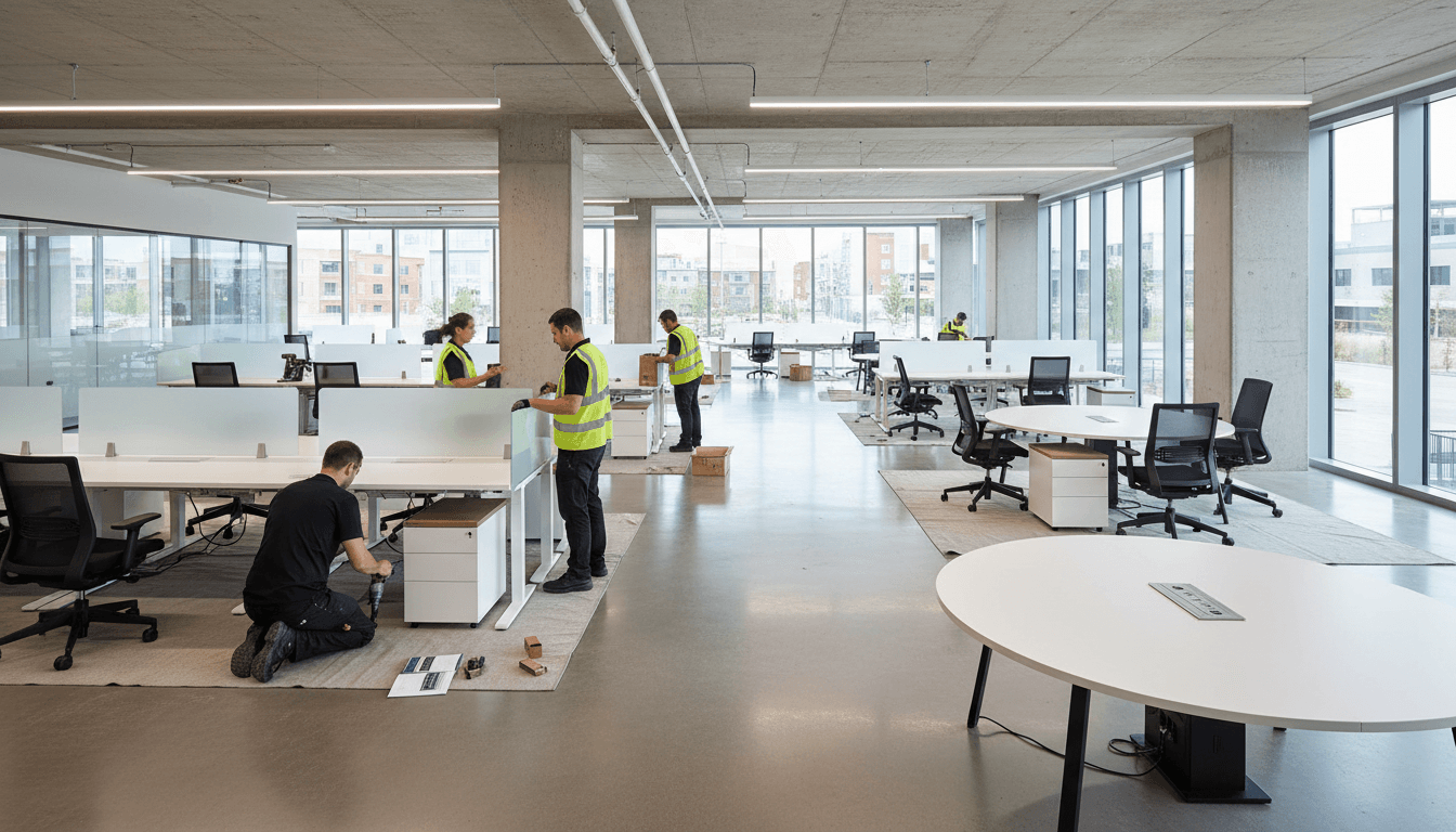 Modern commercial office furniture installation in progress